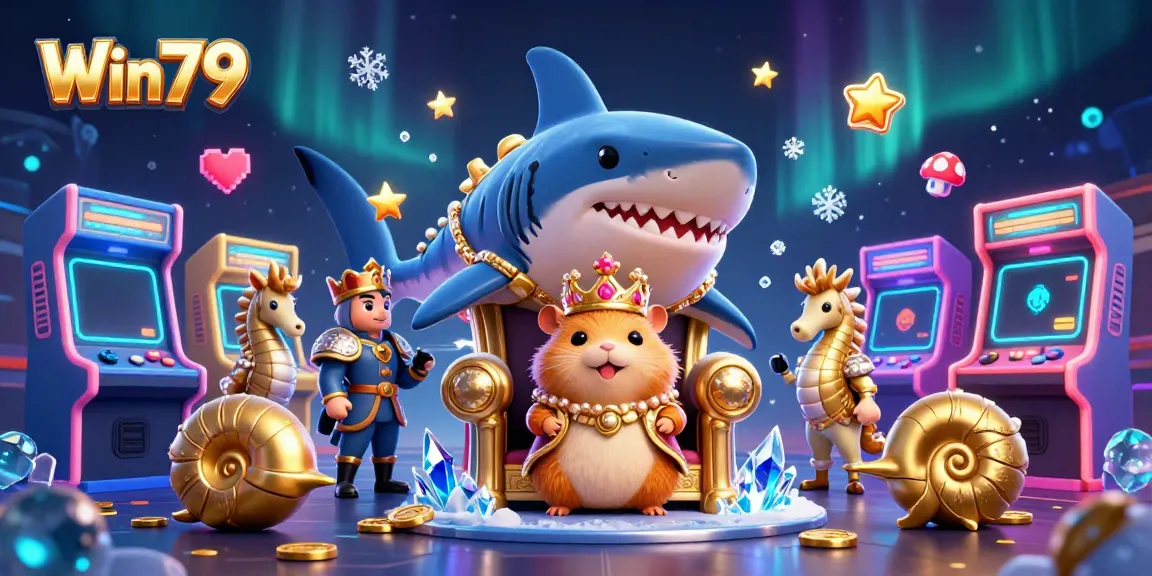Win79's themed casino scene showcasing a playful hamster king and seahorse guards amid arcade elements.