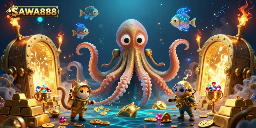 Experience excitement with SAWA888 as a kraken reveals treasures in a captivating gambling scene.