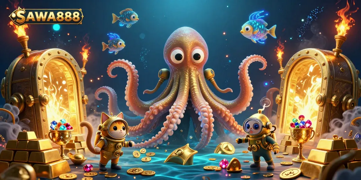 Experience excitement with SAWA888 as a kraken reveals treasures in a captivating gambling scene.