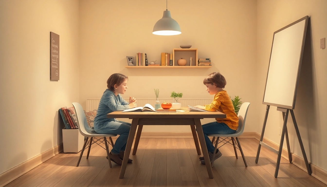 Familie beim Heimunterricht: Elternteil hilft Kindern beim Lernen am Tisch.