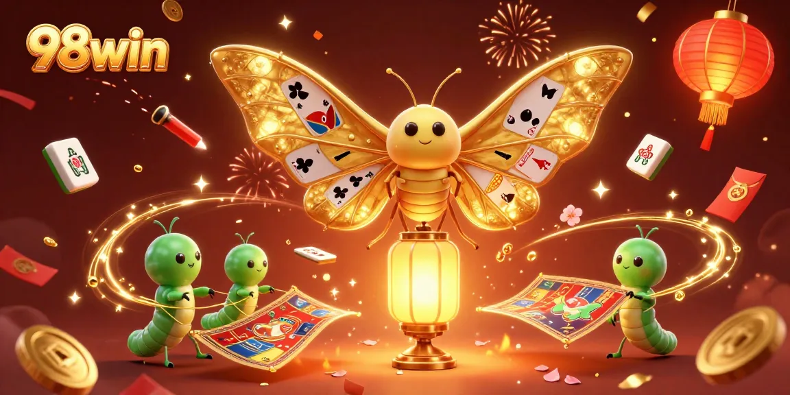 Experience gaming excitement with 98win's vibrant scene featuring a golden atlas moth and casino elements.