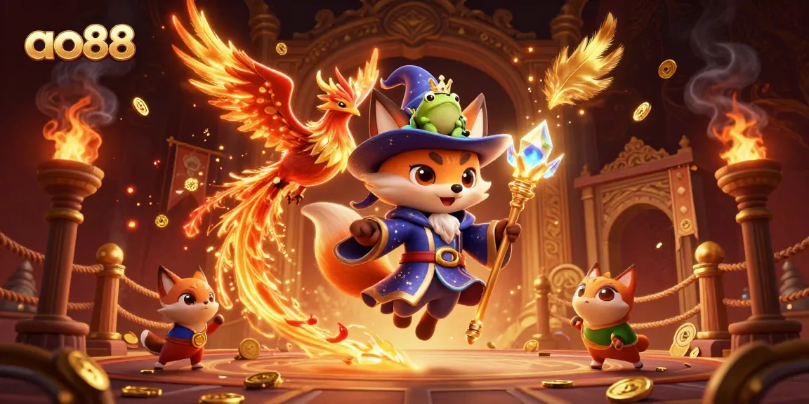 Engage with ao88's dynamic fantasy casino scene featuring mystical characters and glowing elements.
