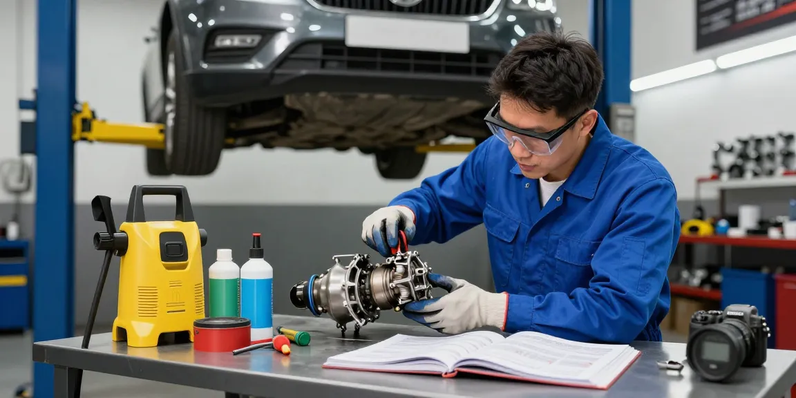 Mechaniker beim DPF reinigen in einer gut ausgestatteten Werkstatt.