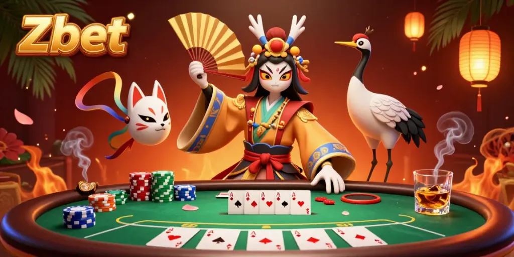 Experience thrilling poker action with Zbet, featuring a kabuki warrior and kitsune mask in vibrant casino artistry.