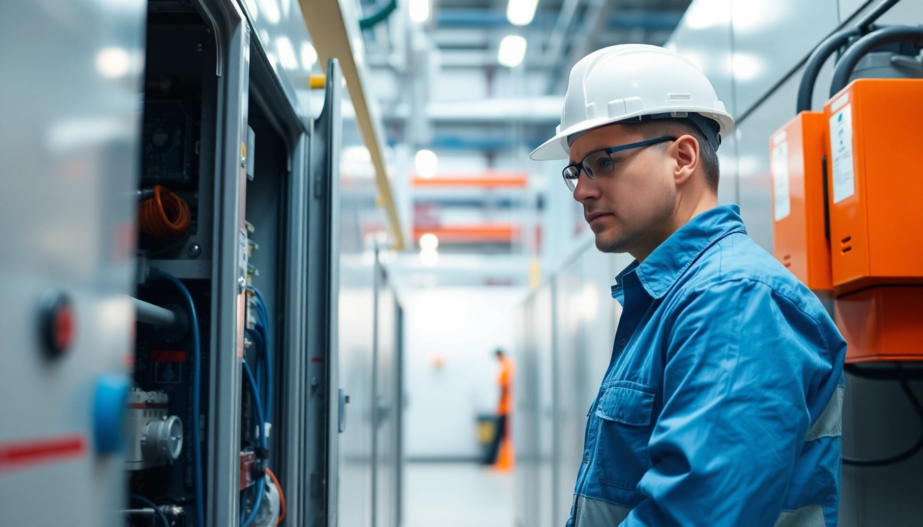 Technician performing a Prüfservice check on electrical equipment ensuring safety compliance.