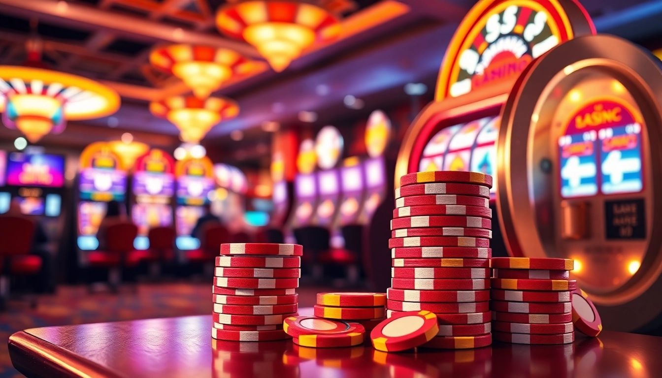 Discover various Casino Bonus options with colorful chips and a glowing slot machine.