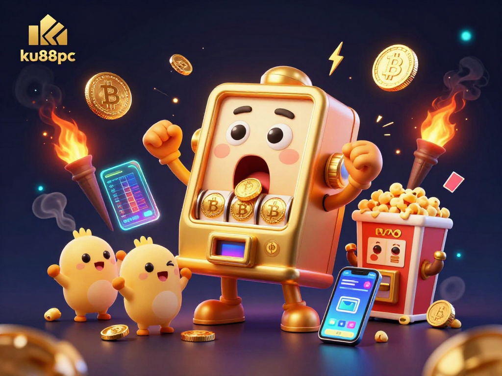 Win big with ku88pc's golden slot machine in a vibrant, high-energy casino scene.