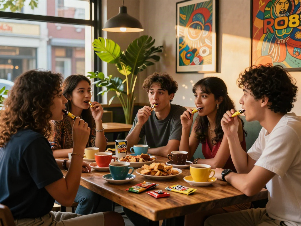 Friends enjoying rokok88 super at a lively urban café, creating a vibrant social atmosphere.