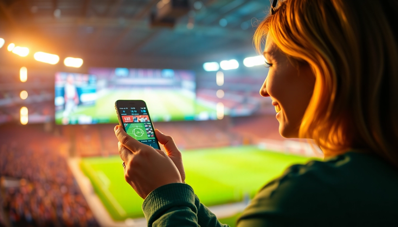 Erleben Sie die besten Wett Apps, während ein Sportfan auf seinem Smartphone eine Wette platziert und die Action auf einem Leinwandbildschirm verfolgt.