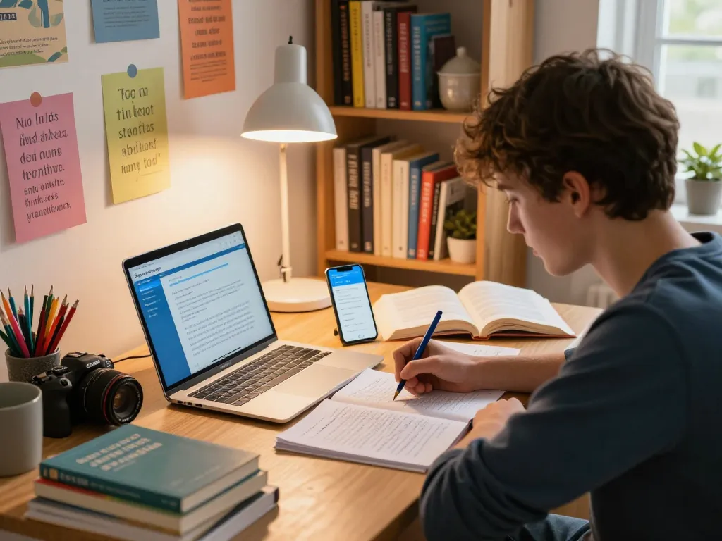 Student, der eine Hausaufgaben Scanner-App verwendet, um Hausaufgaben in einem gemütlichen Lernraum mit Lehrbüchern und einem Laptop zu digitalisieren.