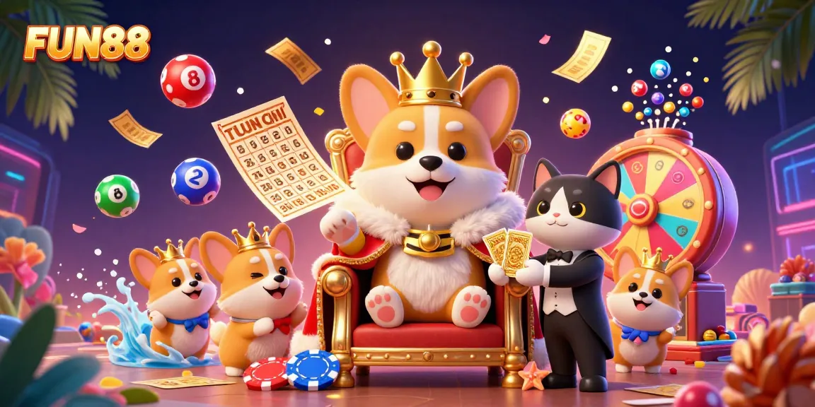 Experience the excitement at FUN88 with vibrant casino elements and characters in an engaging 3D scene.