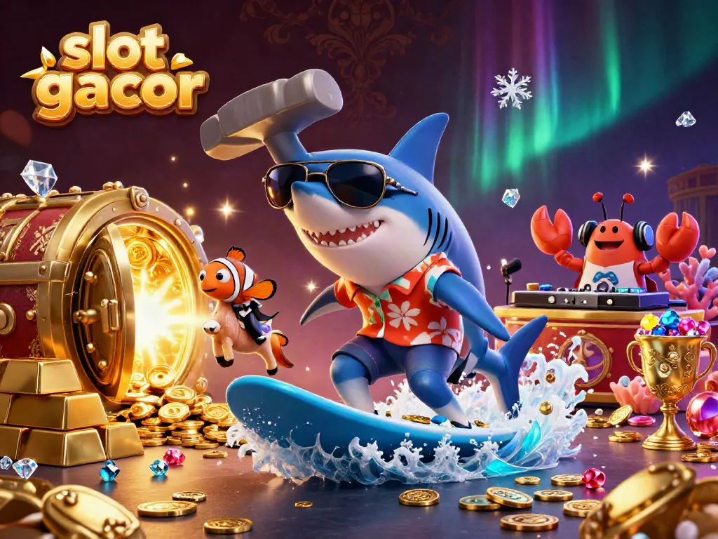Experience slot gacor action with dynamic characters amidst a treasure-filled casino atmosphere.