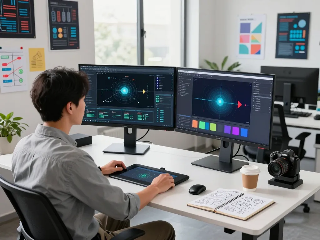 Developer using motion control ai technology in a modern workspace with dual monitors and tech gadgets.