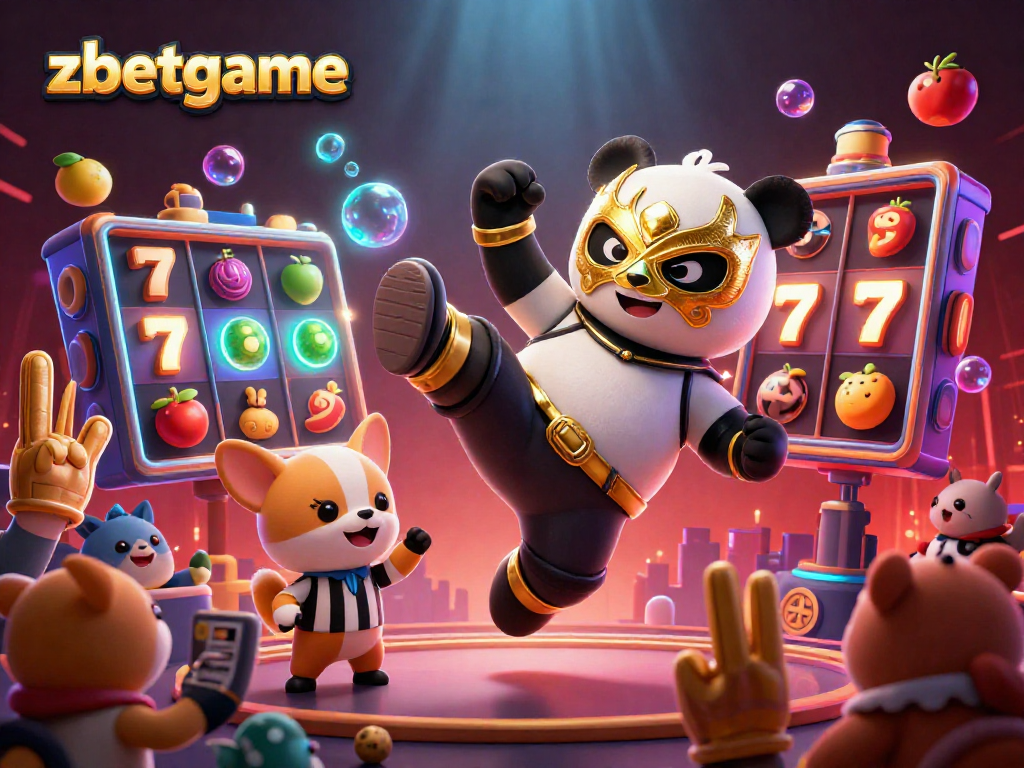 Experience thrilling action with zbetgame as a panda wrestler kicks into excitement amidst vibrant casino elements.