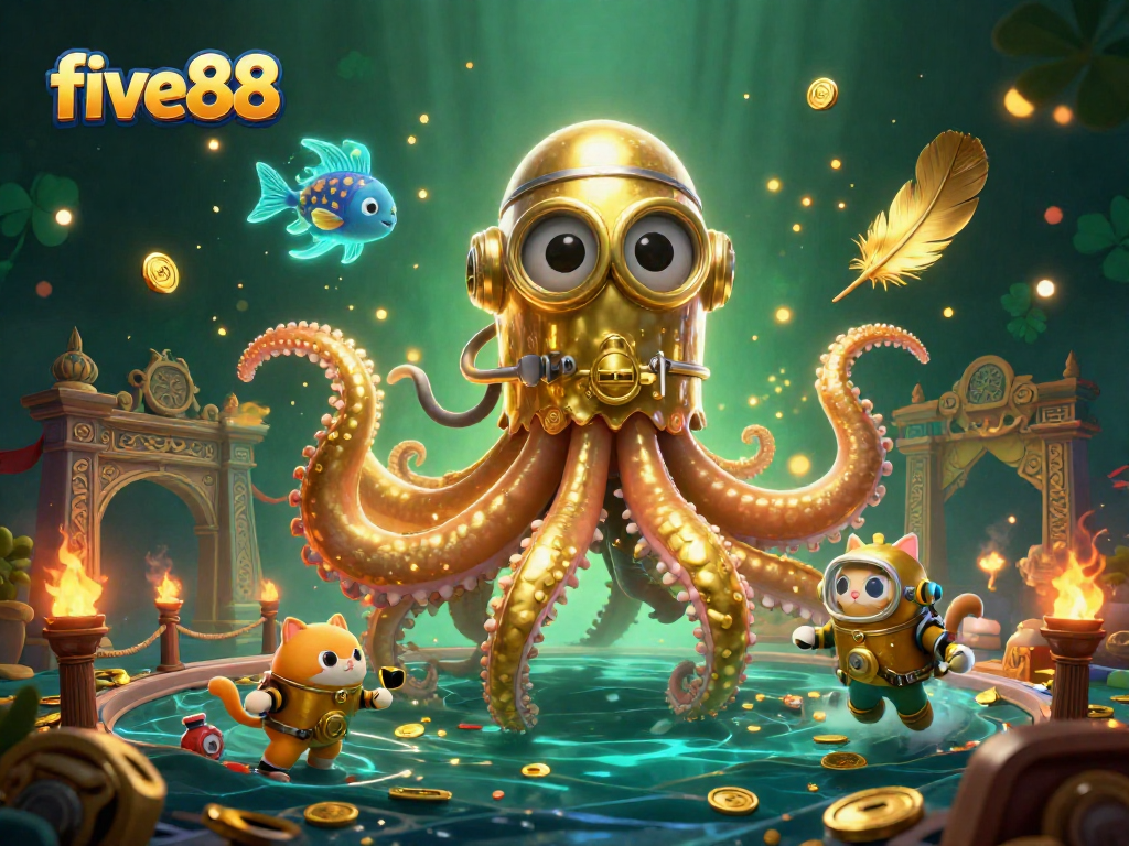 Experience the excitement of five88 with a lively kraken and diving cat in a rich casino-themed ocean.