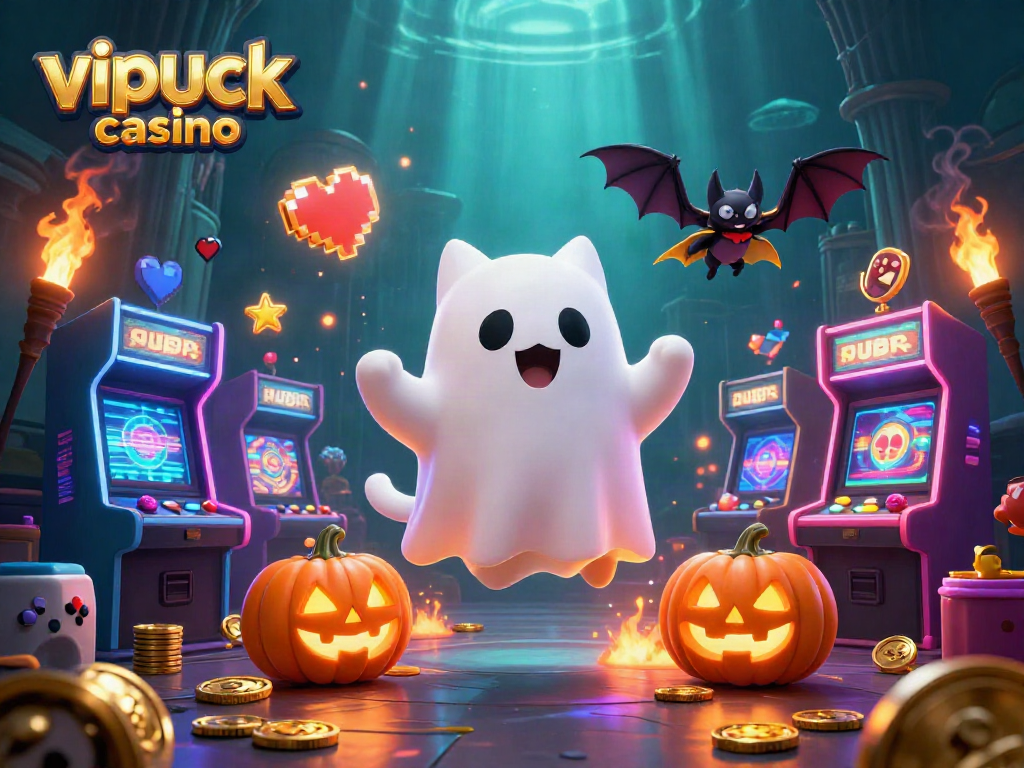 Play exciting games at vipluck casino with a ghost cat and bat in a haunted mansion.