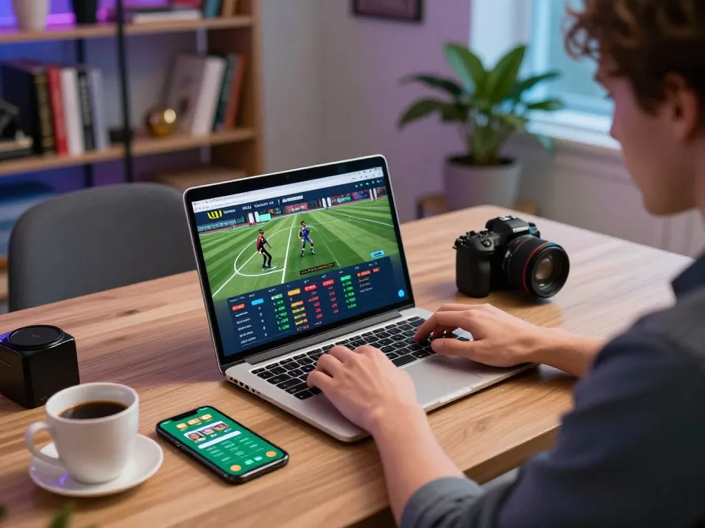 Person engaging in sports betting on F168 with laptop, displaying interface and betting options.