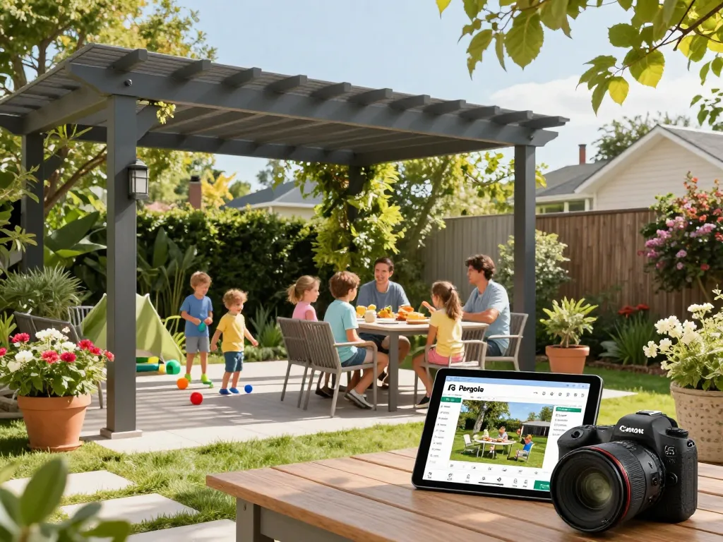 Pergola anpassen mit dem Pergola Konfigurator 3D in einer sonnigen Gartenumgebung.