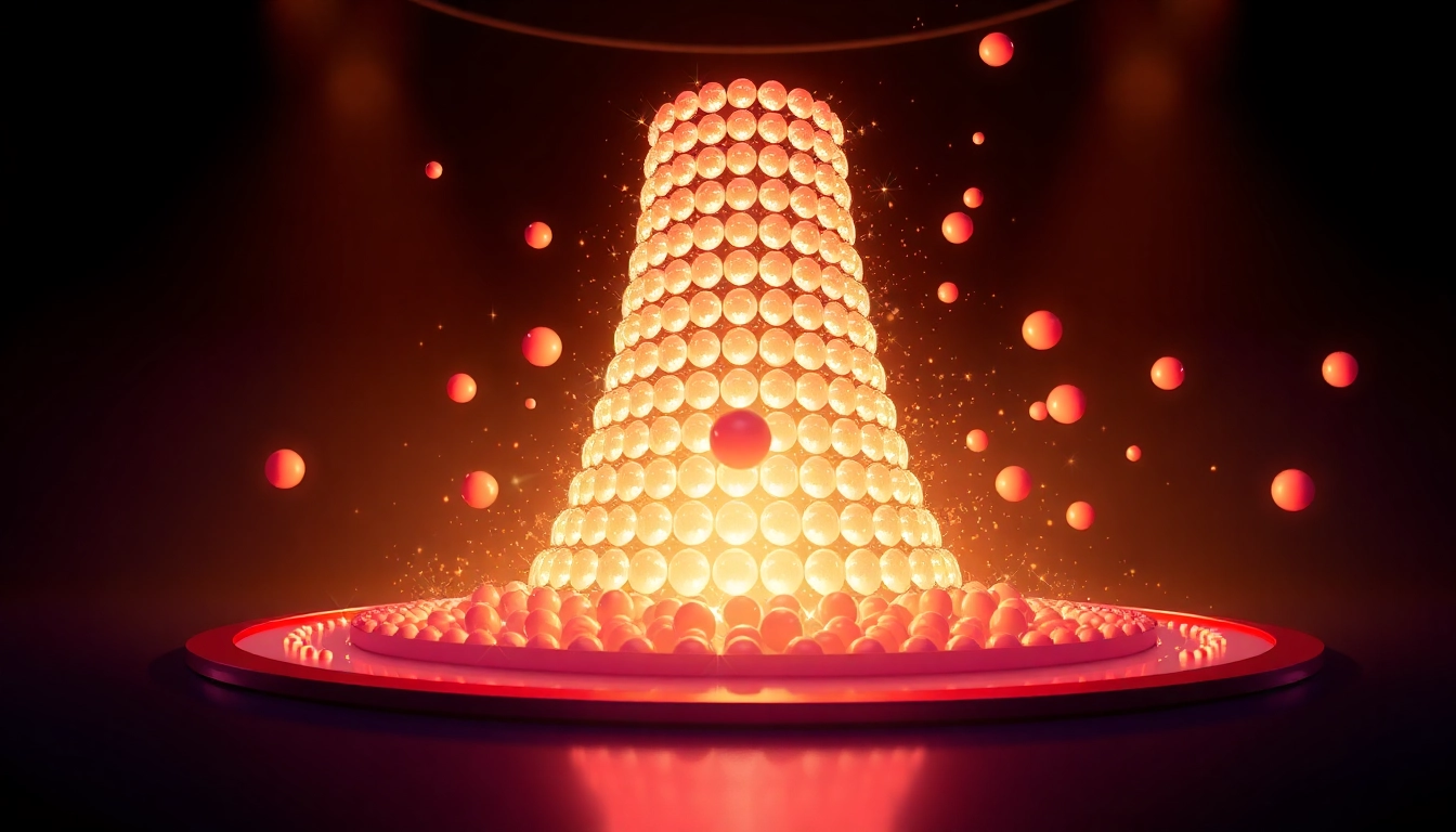 Erleben Sie Plinko, das aufregende Glücksspiel, wo bunte Bälle durch eine glitzernde Pyramide fallen.