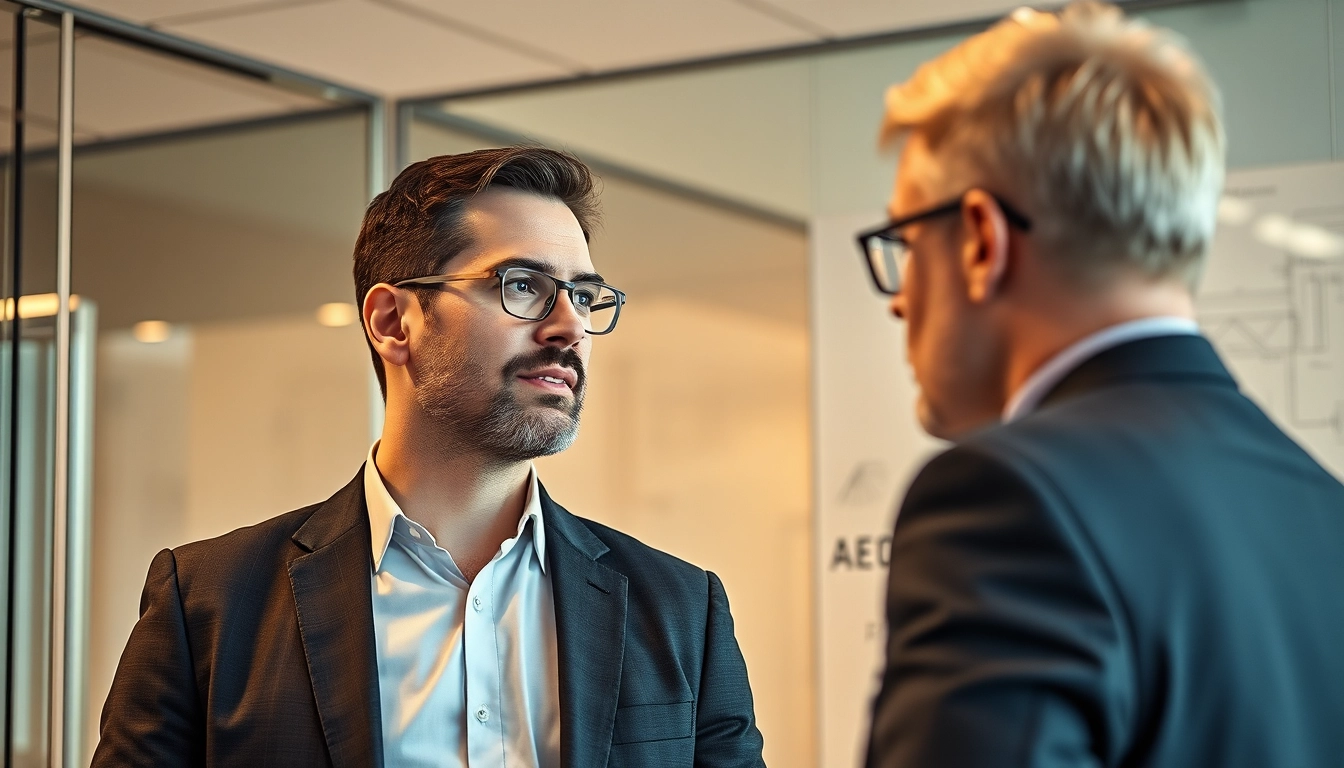 Headhunter Ingenieure im Gespräch mit einem Ingenieur in einem modernen Büro, welches Kompetenz und Vertrauen ausstrahlt.