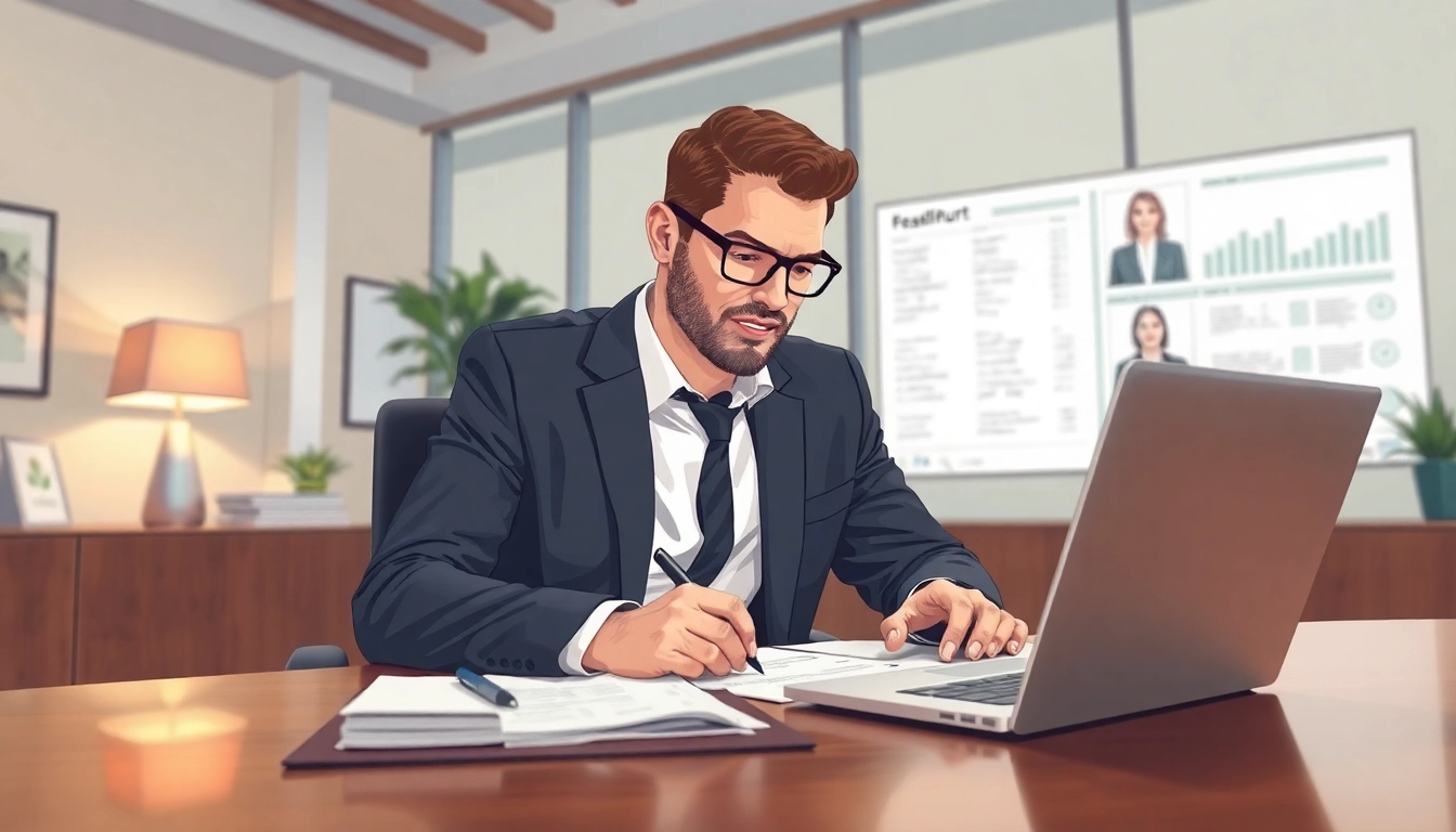 Headhunter Frankfurt bei der Arbeit in ihrem modernen Büro, umgeben von Notizen und einem Laptop.