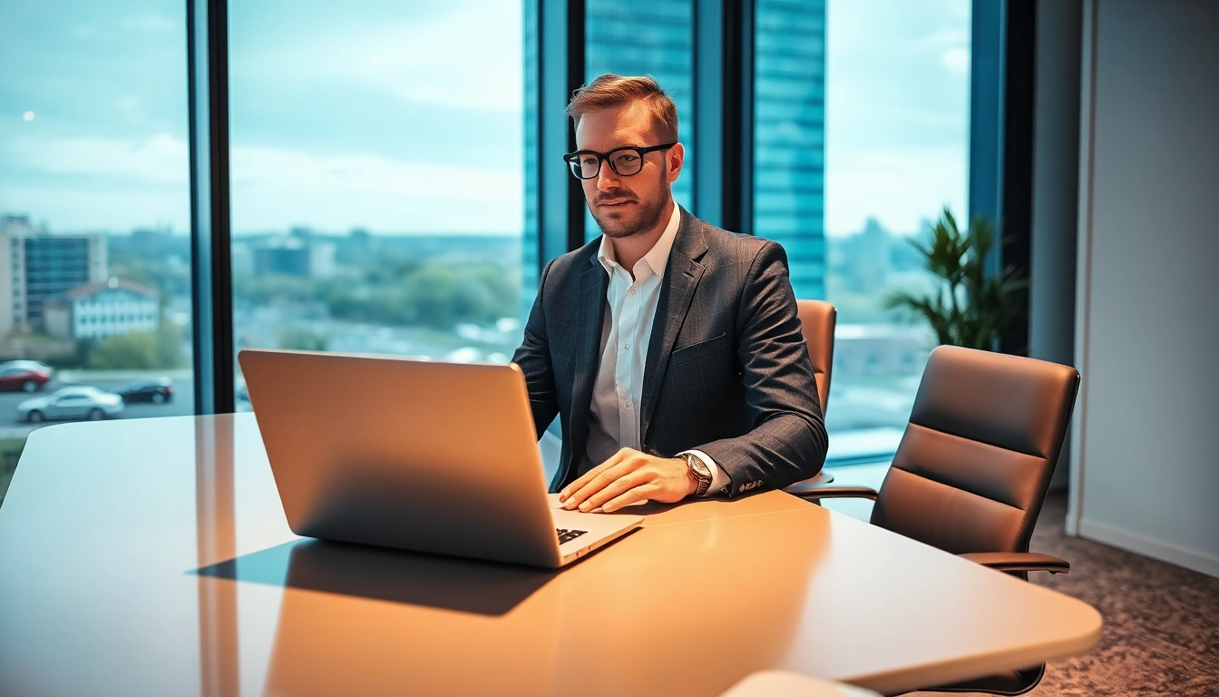 Headhunter Kassel arbeitet an einem eleganten Schreibtisch in einem modernen Büro mit Blick auf die Stadt Kassel.