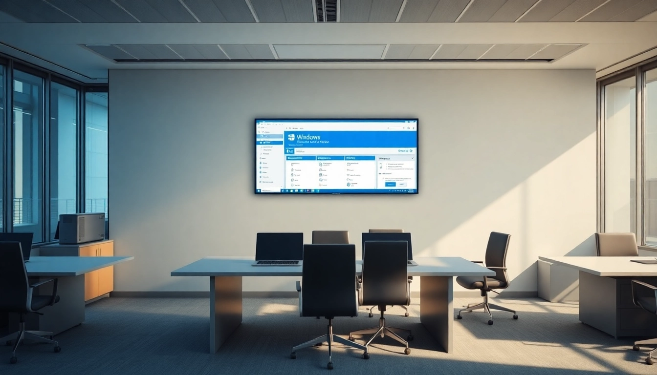 Windows Server sofort Download auf modernem Bildschirm in elegantem Büro mit Produktivitätsthema.