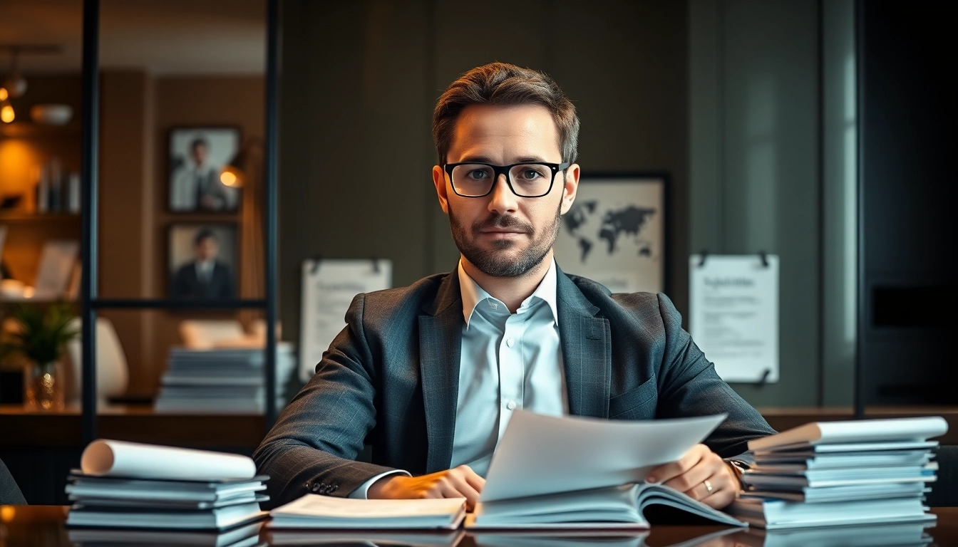 Headhunter Gastronomie in einem eleganten Büro, umgeben von Bewerbungsunterlagen für Gastronomie-Positionen.