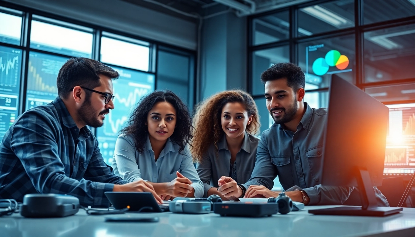 Technologie Projektteam arbeitet zusammen in einem modernen Büro.