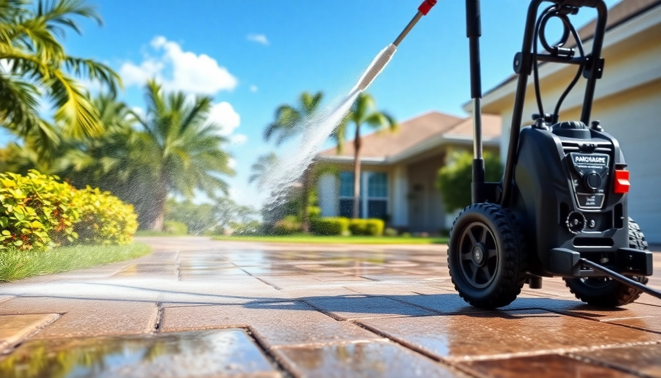 Driveway pressure wash showcasing effective cleaning with a professional-grade washer, bright sunny day.