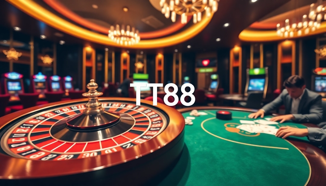 TT88 casino environment showcasing action-packed gambling with roulette, poker chips, and lively slot machines.