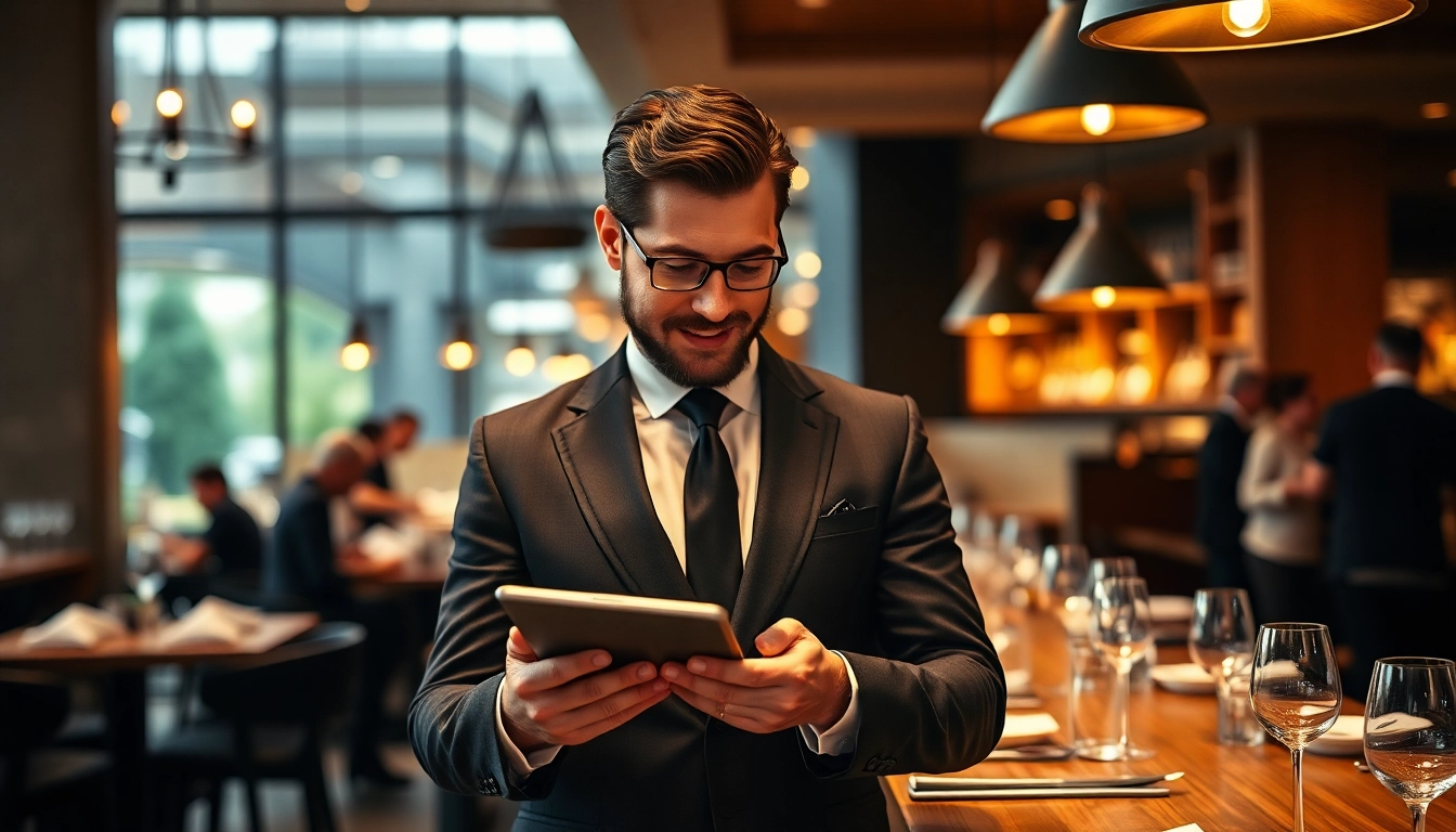 Headhunter Gastronomie überprüft professionell Lebensläufe in einem eleganten Restaurant.