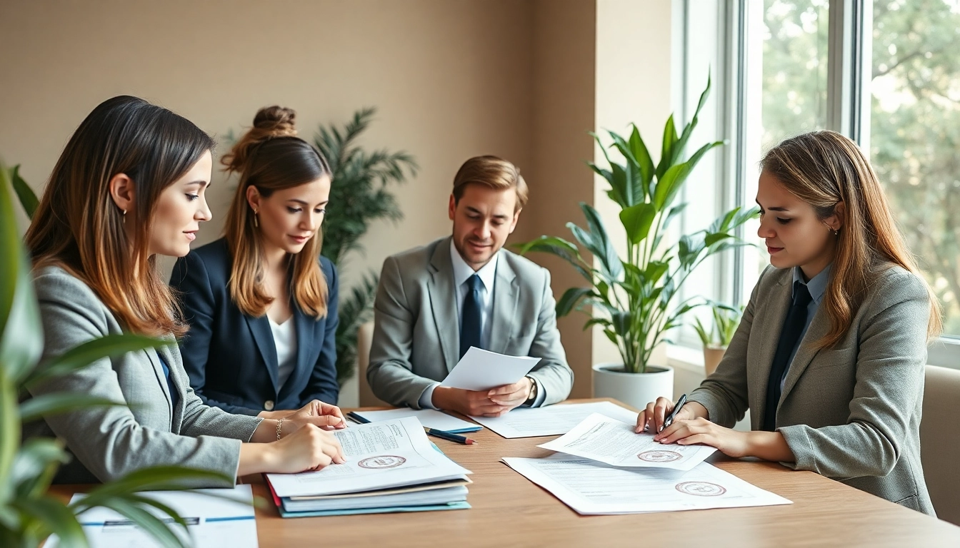 Professionelle Szene von beglaubigten Übersetzern, die an beglaubigten Übersetzungsdokumenten in einem modernen Büro zusammenarbeiten.