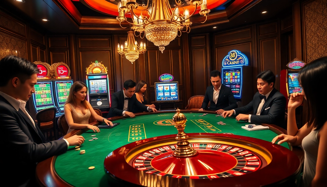 Engaged players enjoy thrilling 88i game at an elegant casino table surrounded by vibrant slot machines.