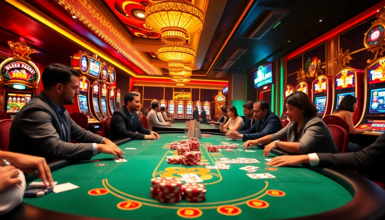 Engaged players enjoying the 88i game at a high-stakes poker table with vibrant casino elements.
