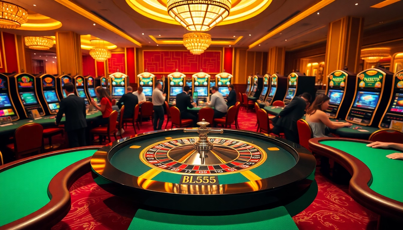 Spin the roulette wheel at BL555 Casino, surrounded by vibrant gaming excitement.