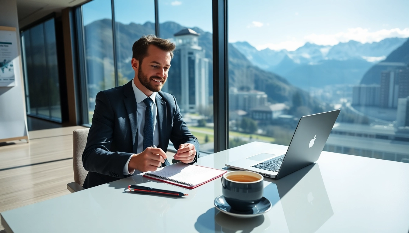 Headhunter Schweiz berät einen Klienten in einem modernen Büro mit Blick auf die Schweizer Alpen.