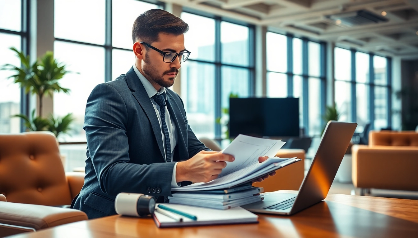Headhunter IT reviewing resumes in a modern office environment, showcasing professional recruitment.