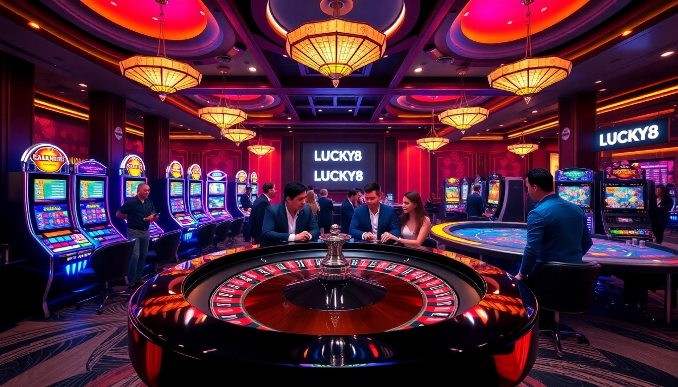 Người chơi đang thưởng thức trò roulette đầy hồi hộp tại casino LUCK8, được bao quanh bởi những máy đánh bạc sặc sỡ và những chiếc chip.