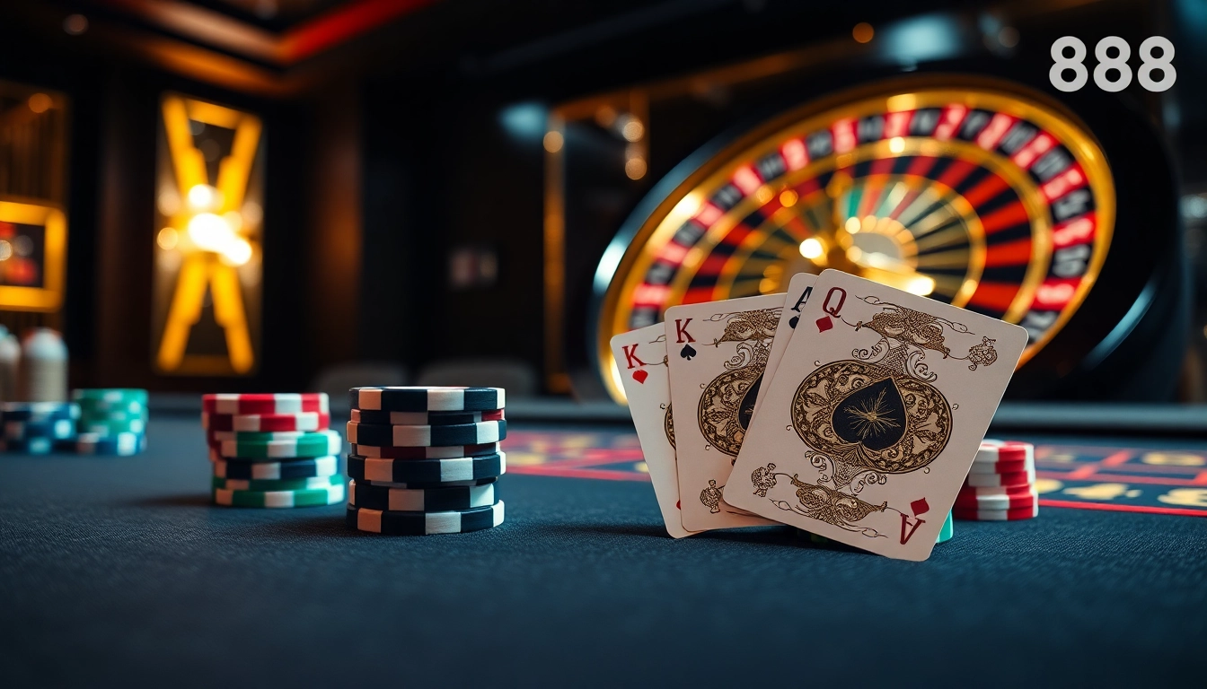 Experience thrilling gambling action with U888's luxurious casino setup featuring vibrant poker chips and roulette.