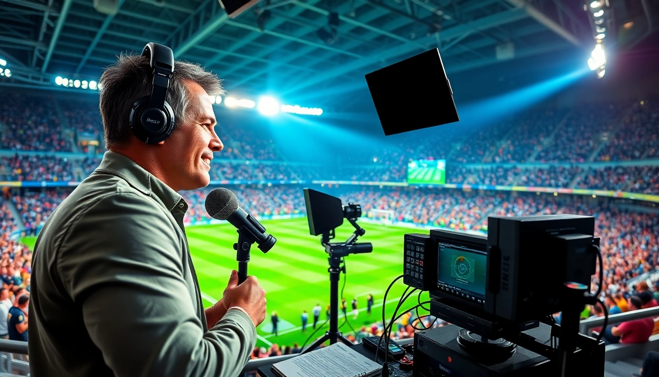 Exciting scene of sports broadcasting with commentator and high-tech equipment.
