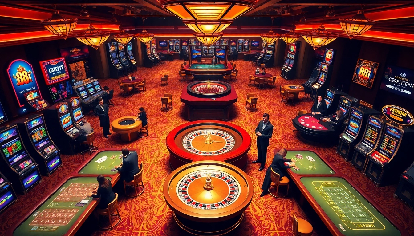 Players enjoying the thrilling 88i game at a luxurious casino, vibrant with action and excitement.