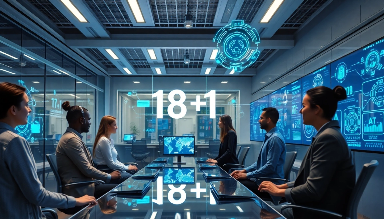 Futuristic digital workspace illustrating 18+ AI technology collaboration and innovation.