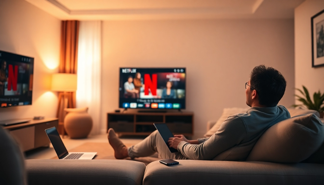 Happy viewer using a Netflix VPN to stream global content in a cozy living room.