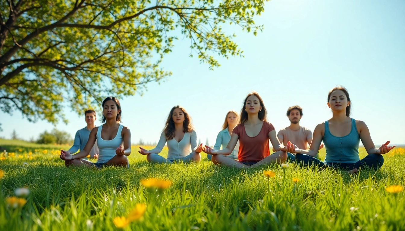 Individuals practicing emotional wellbeing mindfulness in a serene outdoor setting.