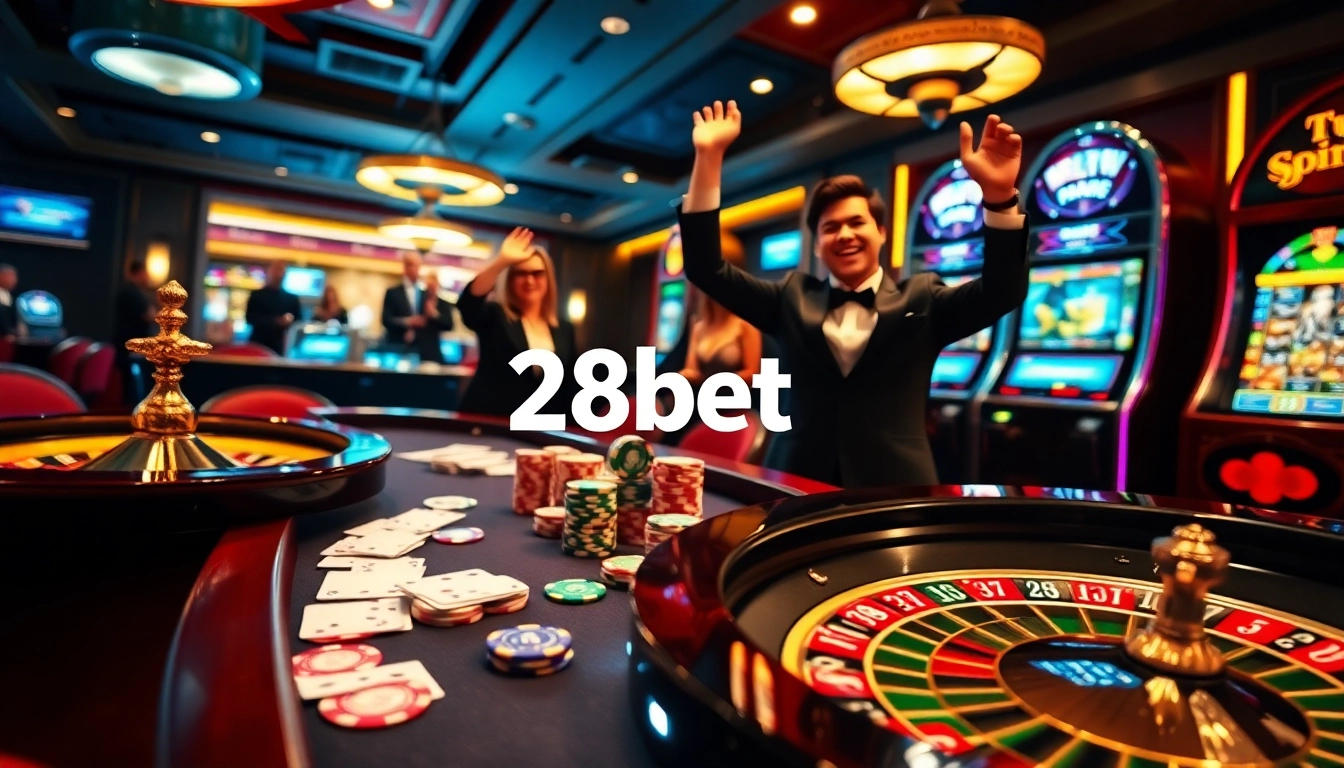 Exciting moment at 28bet casino with vibrant poker table and roulette wheel.