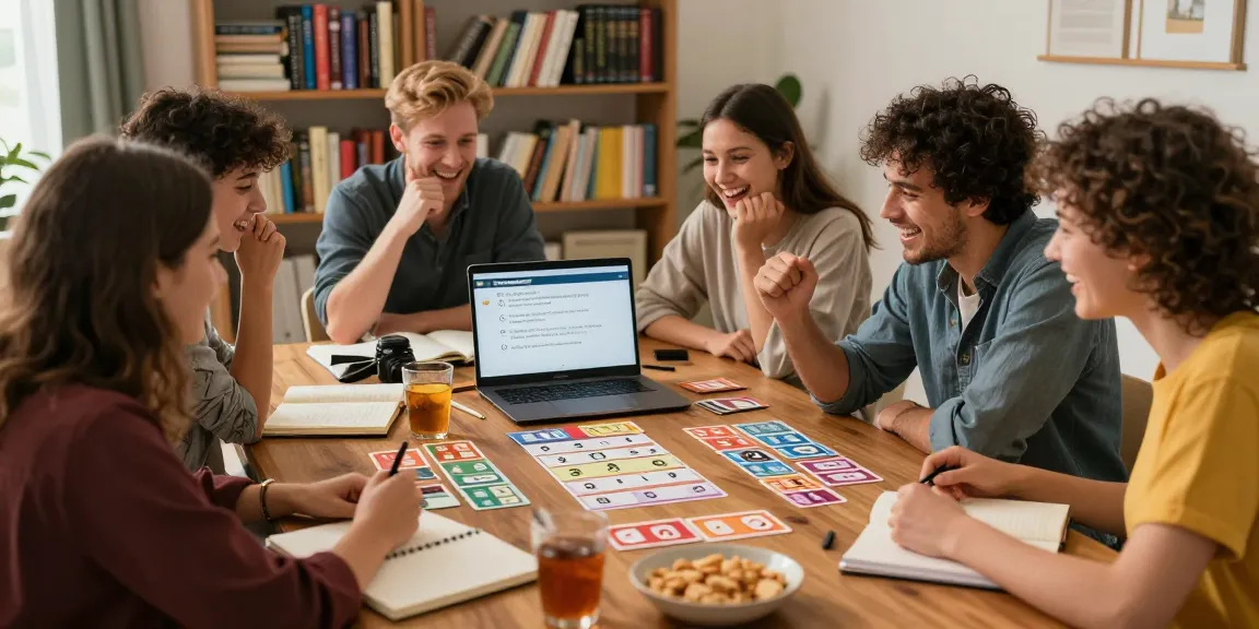 Freunde haben Spaß beim Quiz Allgemeinwissen in gemütlicher Umgebung.