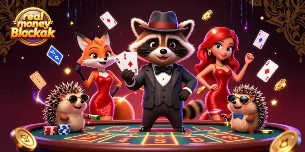 Experience real money online blackjack with stylish characters at a vibrant casino table.