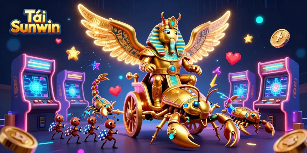 Tải Sunwin as a vibrant 3D illustration, showcasing golden and jewel-encrusted elements in a dynamic casino setting.