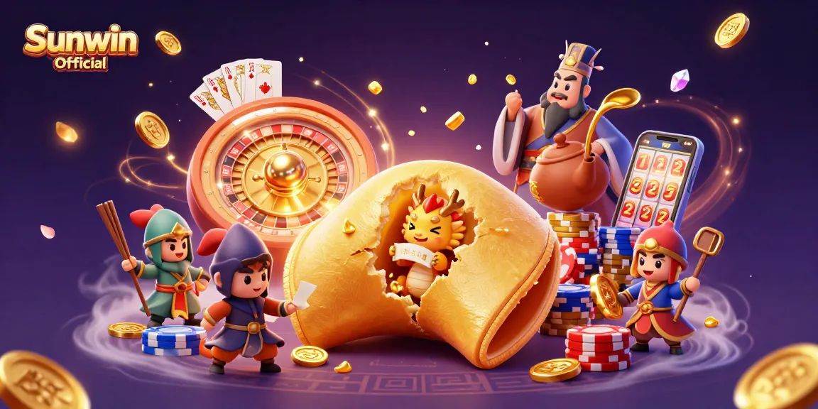 Engage with the exciting world of Sunwin Official through this vibrant casino illustration of fortune and gaming elements.